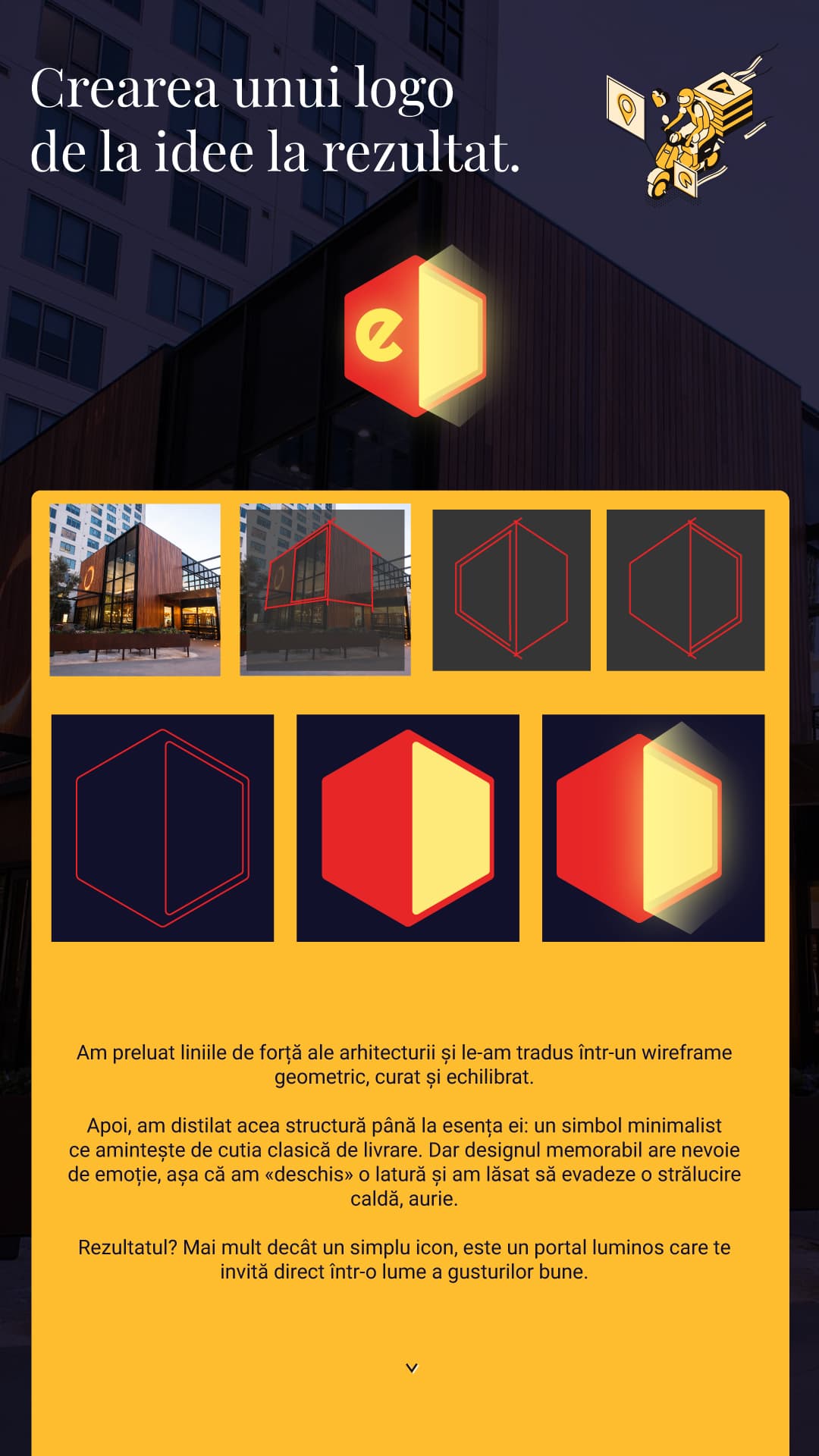 Etapele construirii simbolului hexagonal e-Apetit, de la contur geometric la varianta colorată.