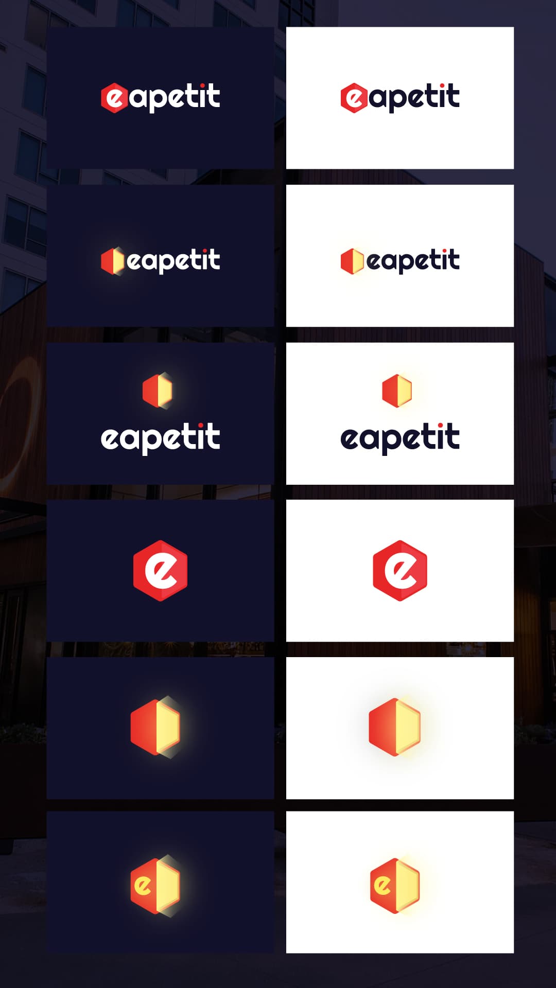 Variantele logo-ului și simbolului e-Apetit pe fundaluri deschise și închise.