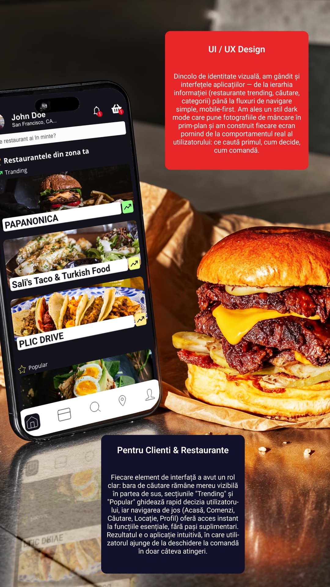 Interfața mobilă e-Apetit prezentată lângă un burger, cu explicații despre designul platformei.