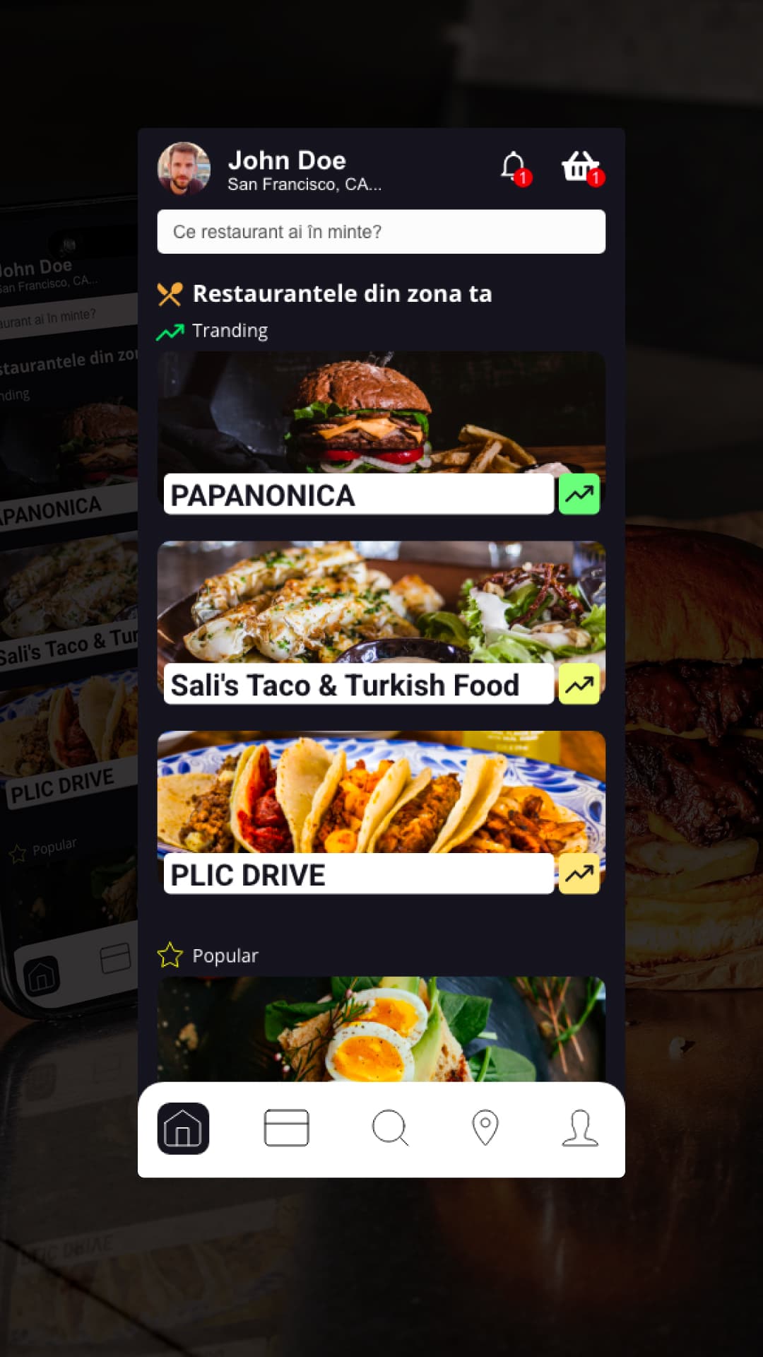 Ecranul mobil e-Apetit cu lista restaurantelor din apropiere și fotografii ale preparatelor.