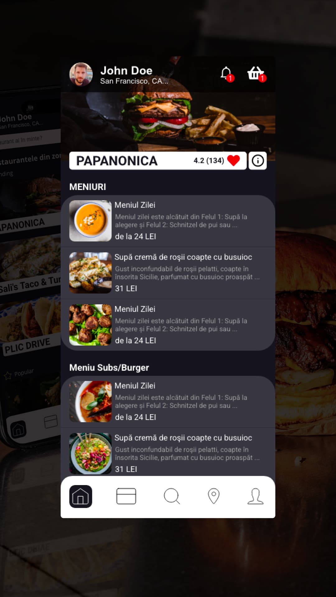 Ecranul unui restaurant în e-Apetit, cu meniul și carduri de preparate.