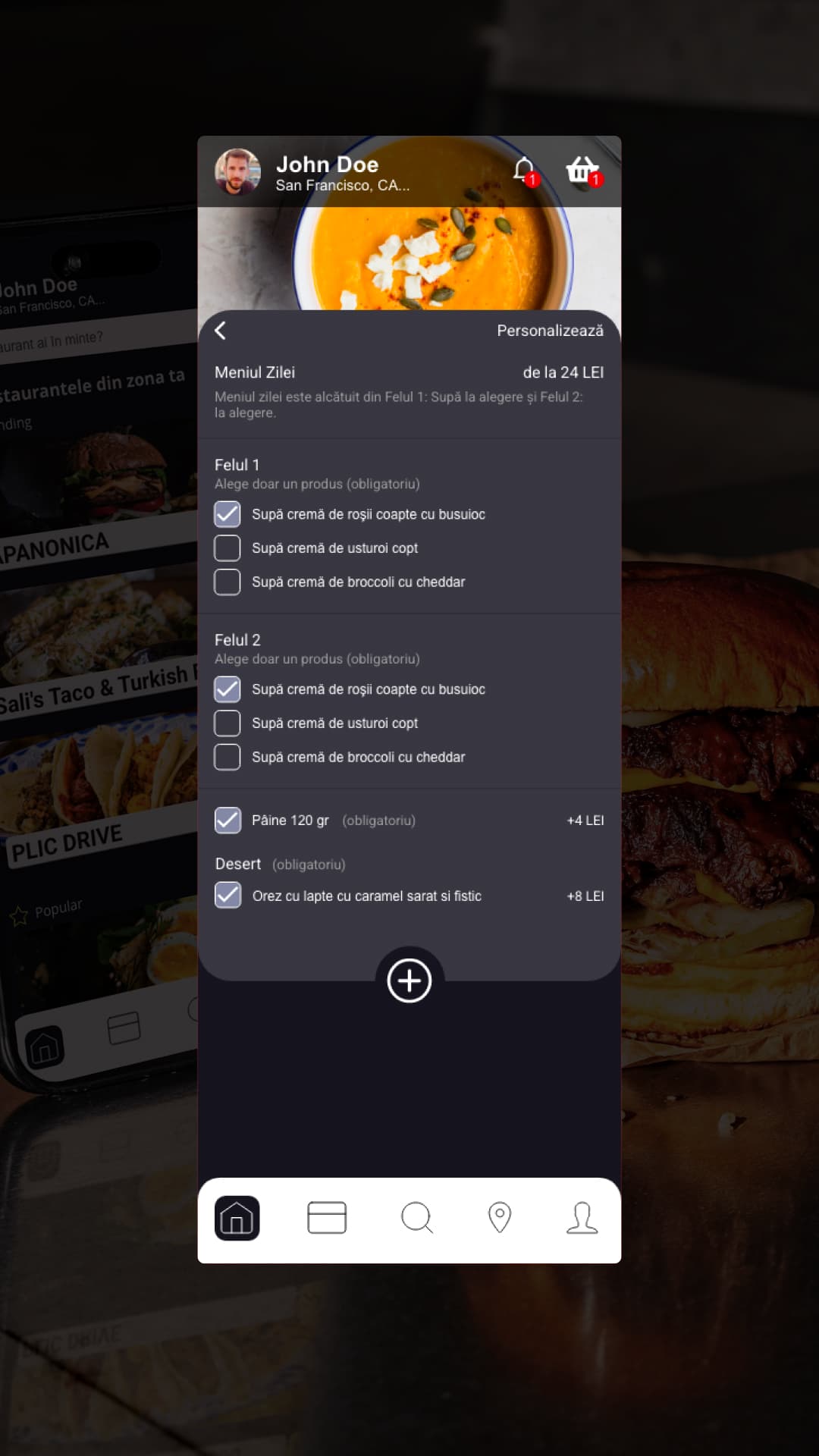 Ecranul e-Apetit pentru personalizarea unui preparat și alegerea opțiunilor de comandă.