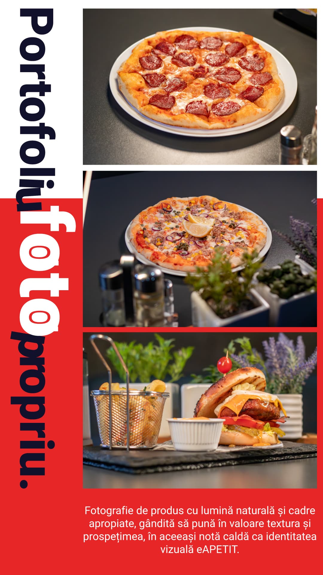 Fotografii de produs pentru e-Apetit: două pizza și un burger cu garnitură.