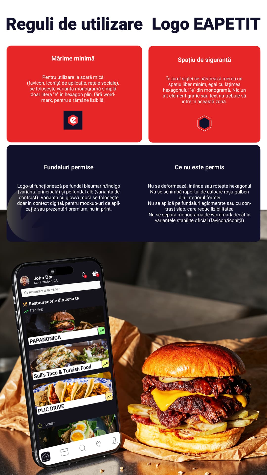 Reguli de folosire a logo-ului e-Apetit, alături de un ecran mobil și un burger.