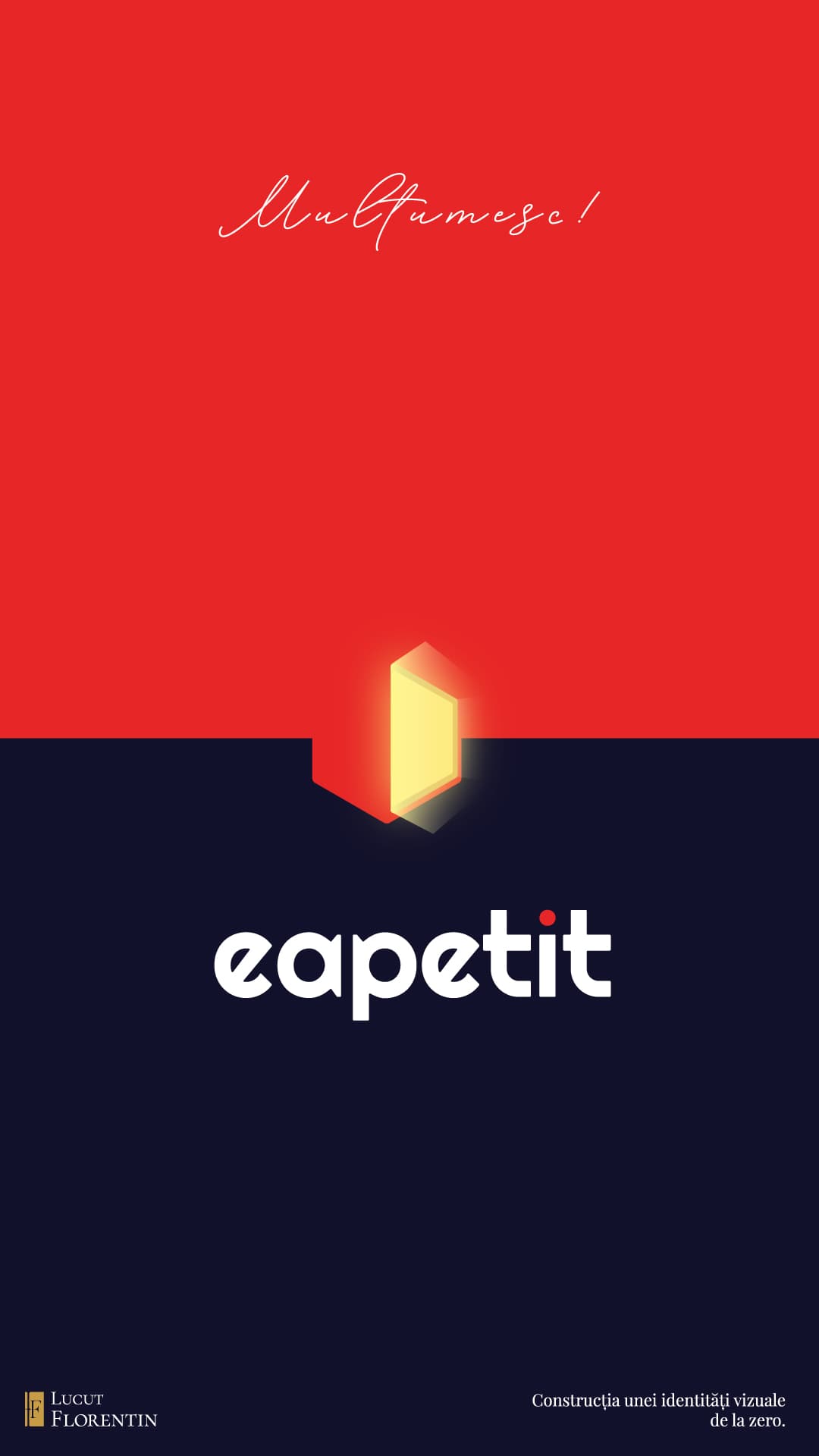 Planșă finală e-Apetit în roșu și bleumarin, cu simbolul și logo-ul brandului.